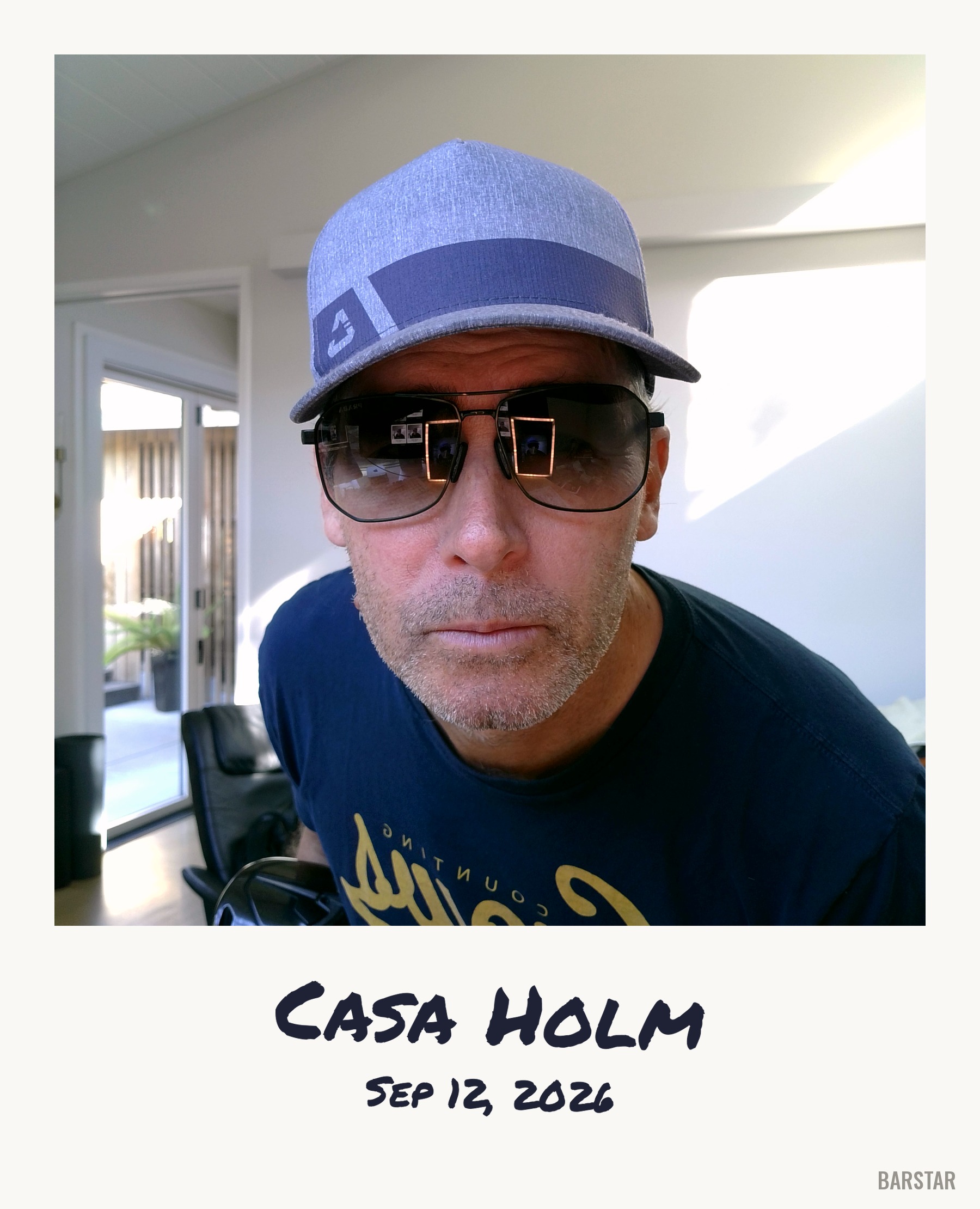 An actual BarStar photo with a cream Polaroid-style border, Casa Holm and Sep 12, 2026 in bold handwritten marker lettering, and a small BarStar credit